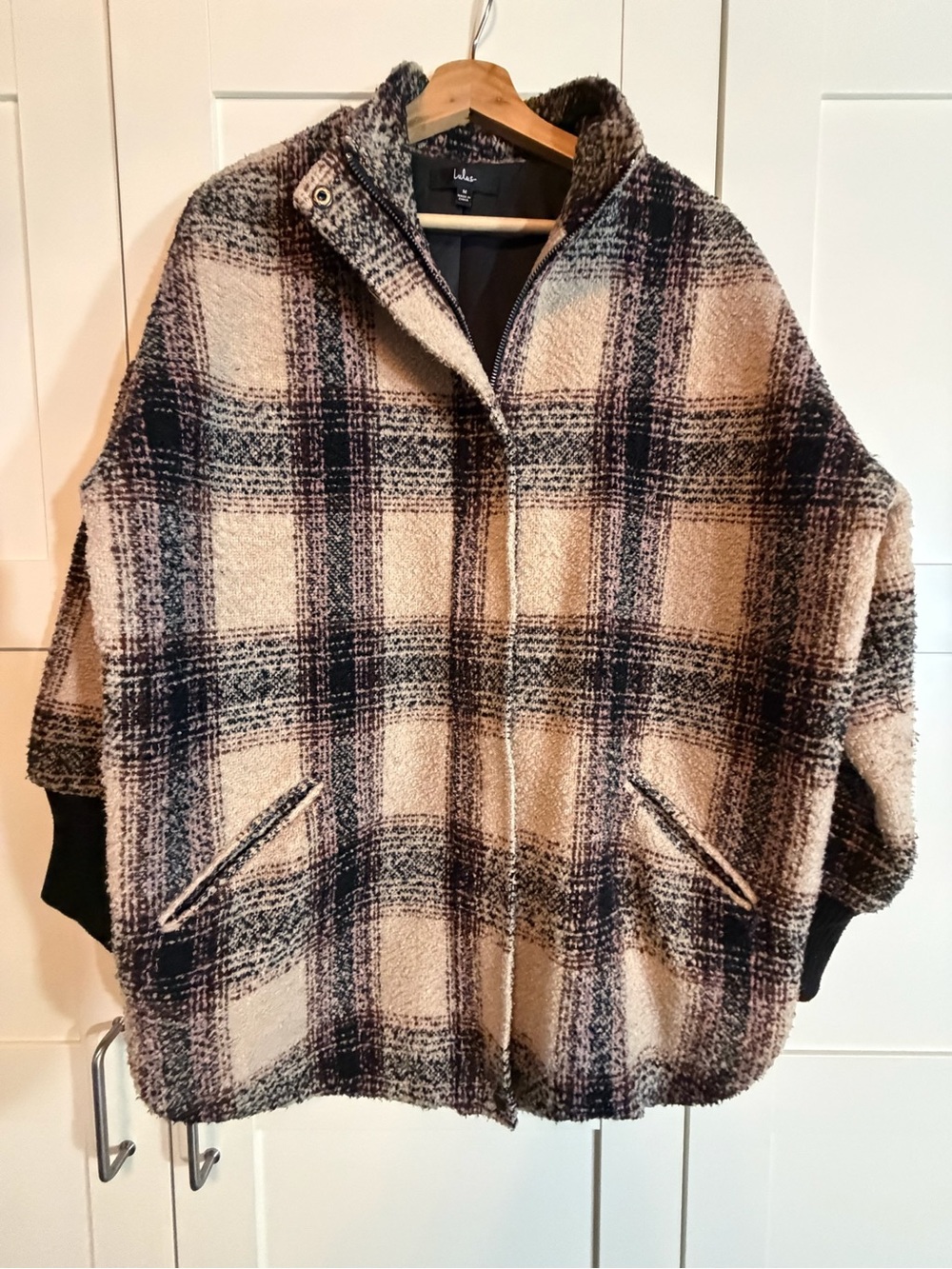 Wool-Blend Plaid Teddy Jacket in Beige and Black W